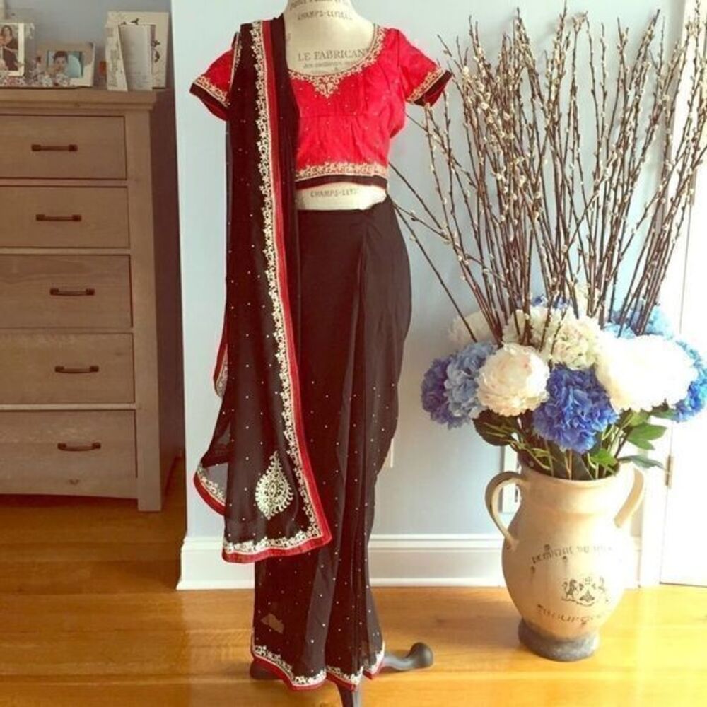 Bollywood Saree in black and red with crystals